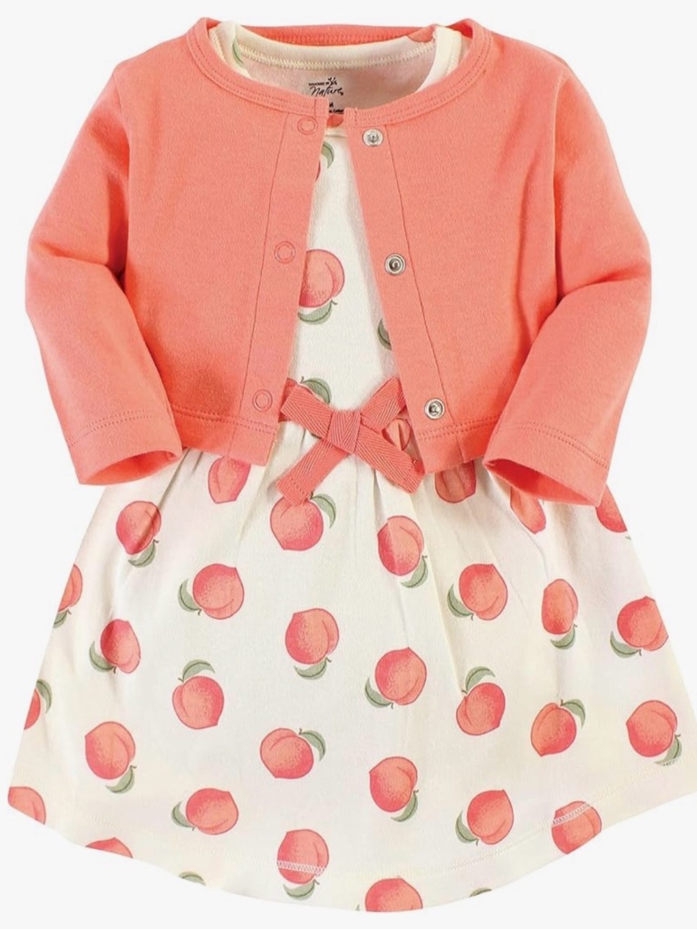 Peach Print Baby Dress with Coral Cardigan